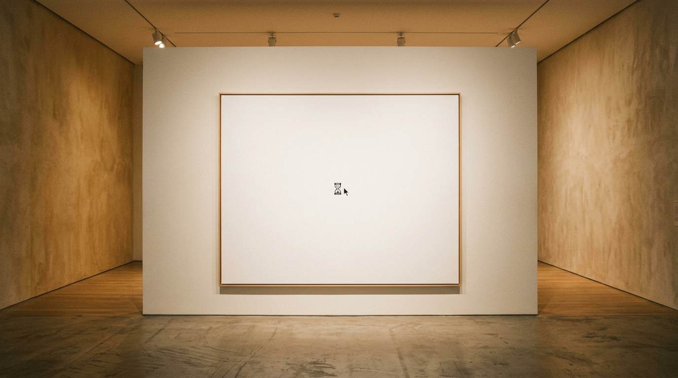 一张几乎纯白的画布，正中央只有一个极小的光标符号在等待，四周是无边的空白，gallery 氛围，冷静克制